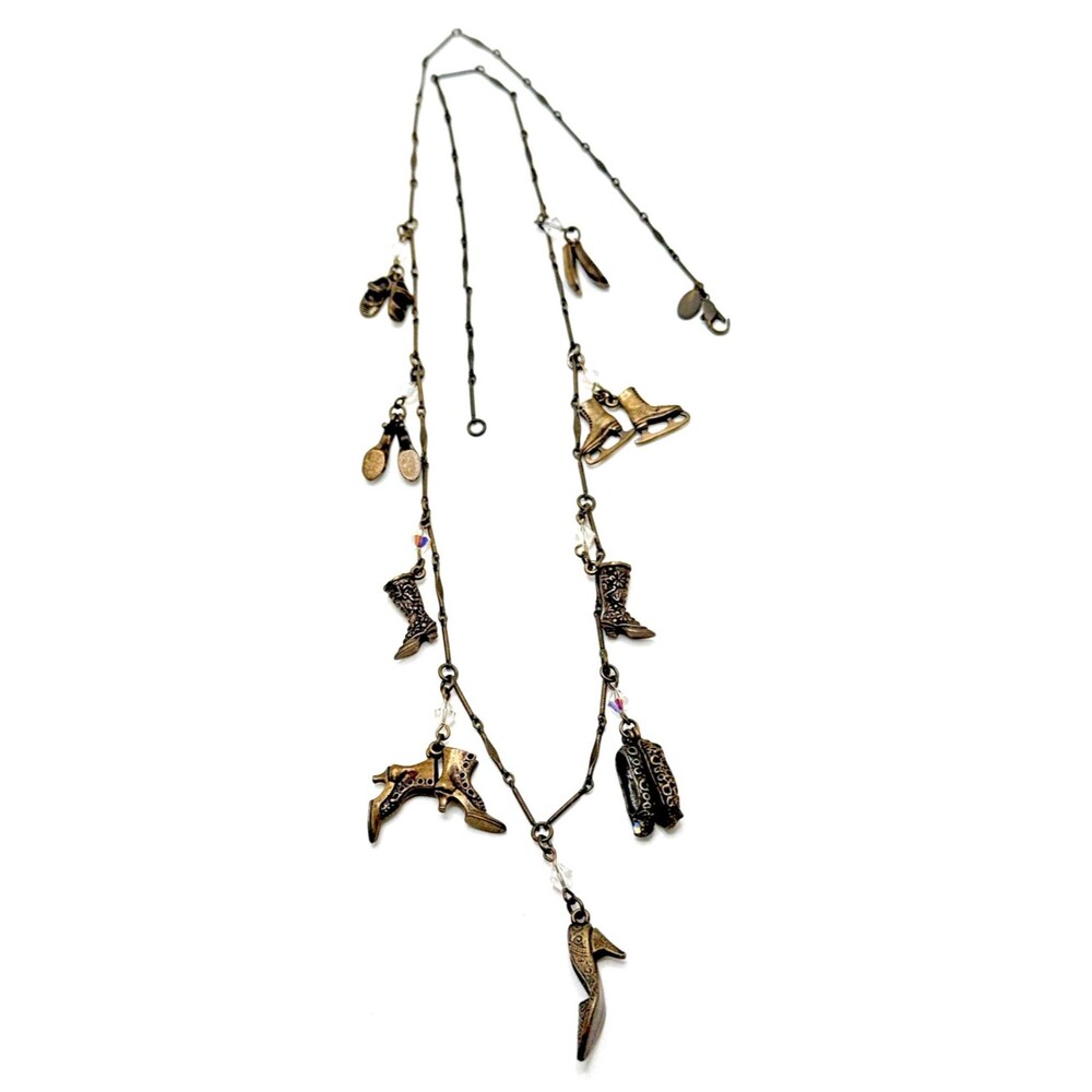 Sweet Romance SHOE CRAZY Necklace 28" Bronze Tone Victorian Style Charm Signed
